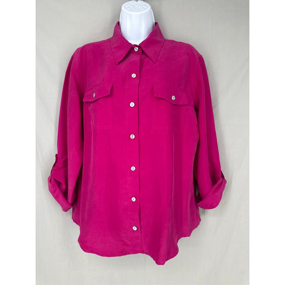 90s Vintage Top Womens Medium Pink Silk Button Shirt Long Sleeve Roll Tab